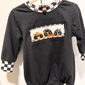 Boys Smocked Monster Truck Bubble Black Kids Shirt with Monster Truck Design